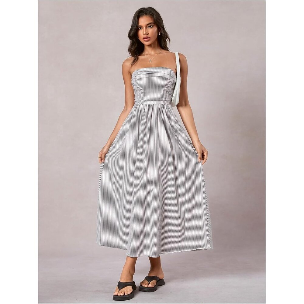 Women's Gray Strapless Maxi Dress Summer Tube Top Long With Pocket - Picture 5 of 5